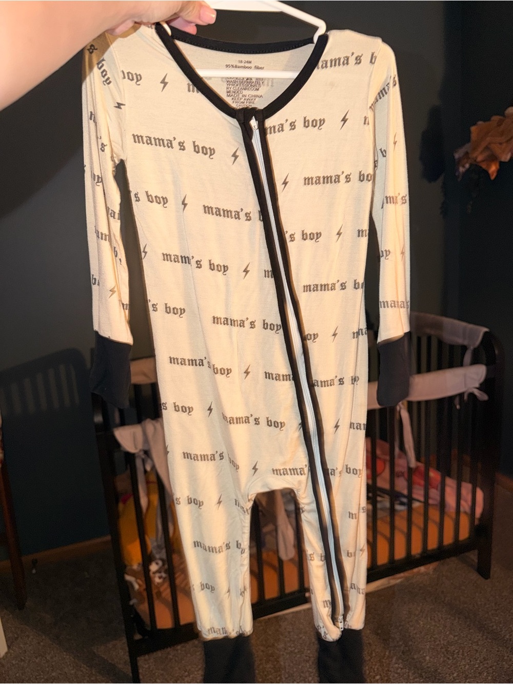 BAMBOO Cream and Black "mama's boy" Footie One-Piece